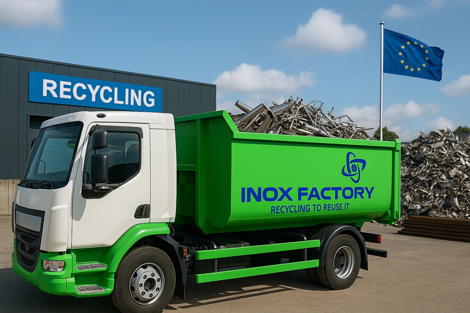 Camion Inox Factory stationné devant un centre de recyclage en Europe, avec logo visible sur la benne verte et drapeau européen en arrière-plan