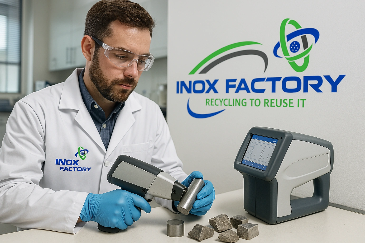 Scientifique d’Inox Factory analysant un échantillon d’inox à l’aide d’un spectromètre en laboratoire