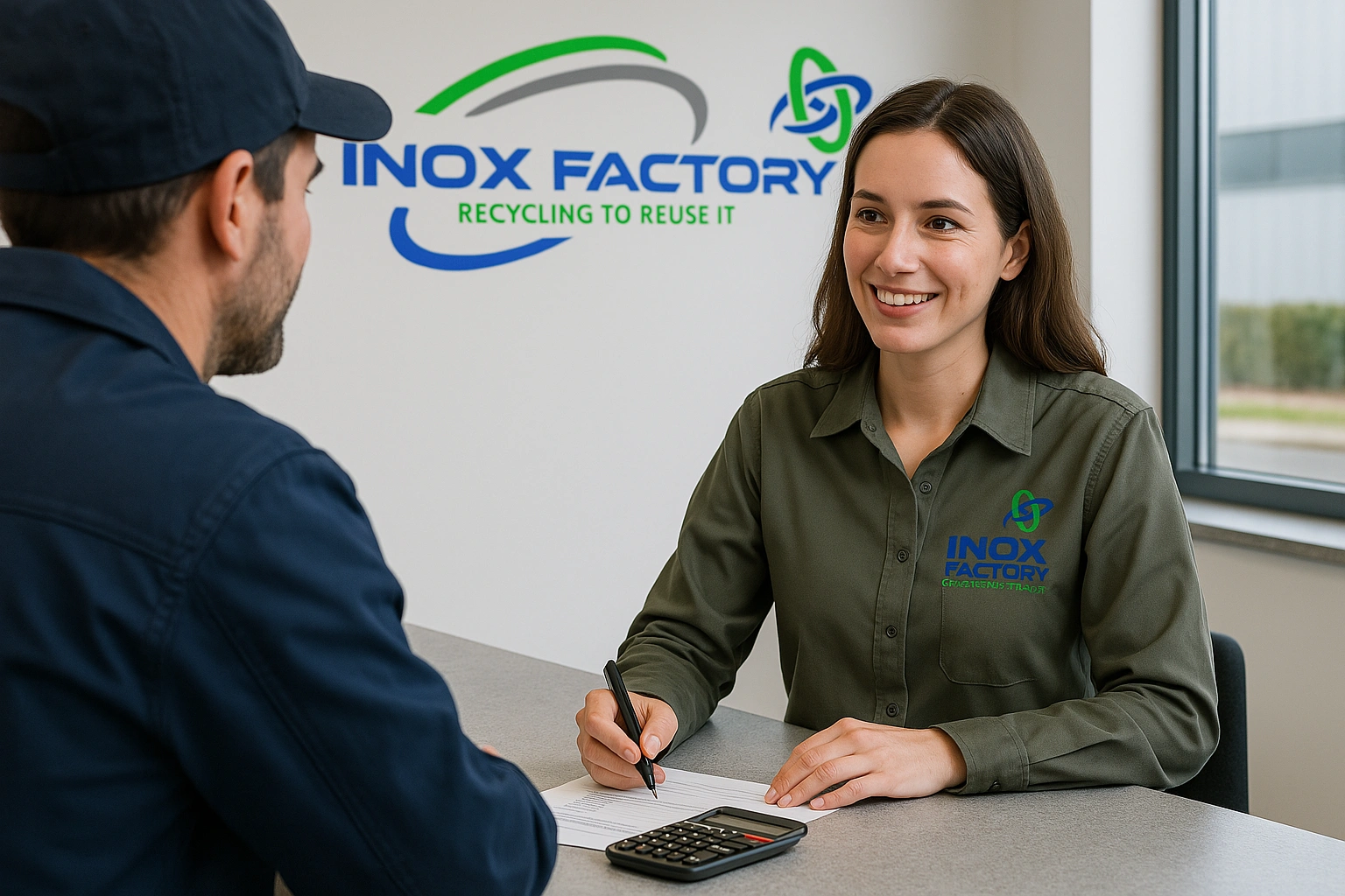 engagement-fiabilite-rachat-inox Réceptionniste d’Inox Factory échangeant avec un client dans un espace moderne, lumineux et professionnel