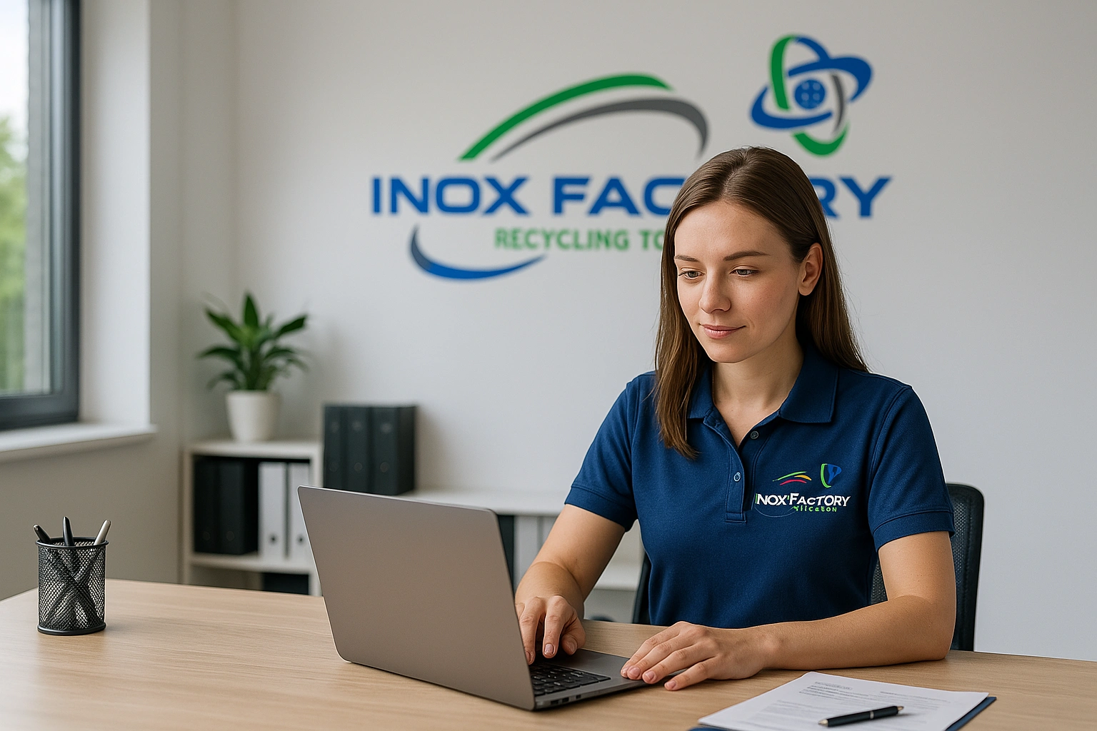 Collaboratrice d’Inox Factory concentrée sur un ordinateur portable pour répondre à une demande de devis