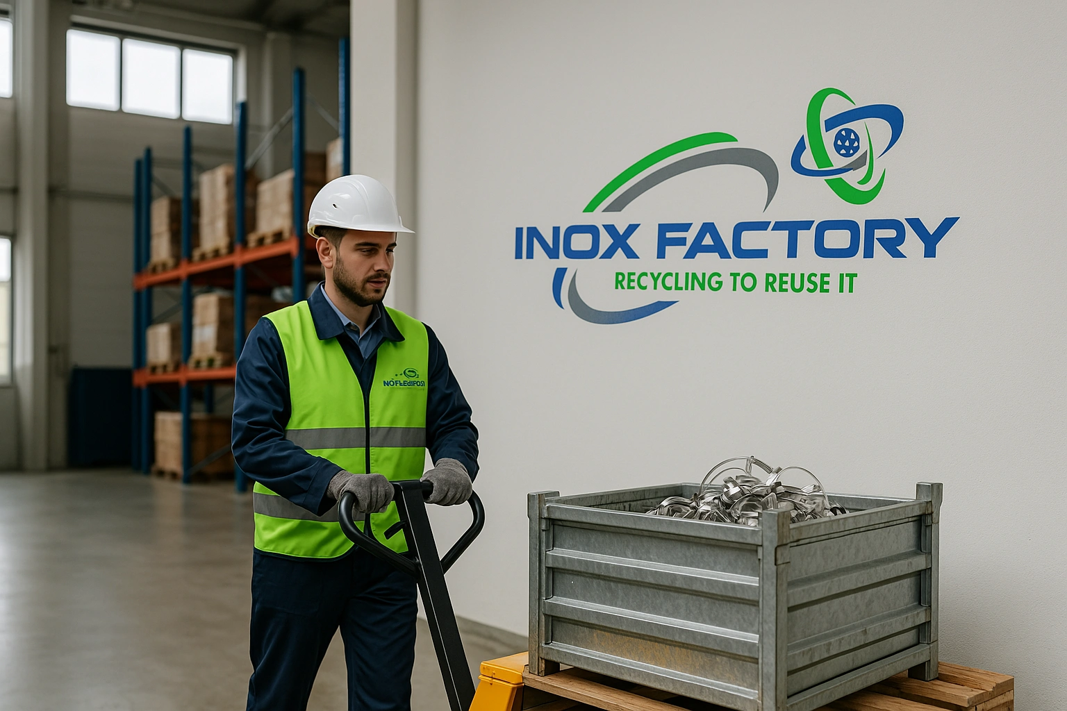 Employé d’Inox Factory déplaçant un conteneur métallique avec un transpalette dans un entrepôt industriel lumineux, avec logo visible sur le mur