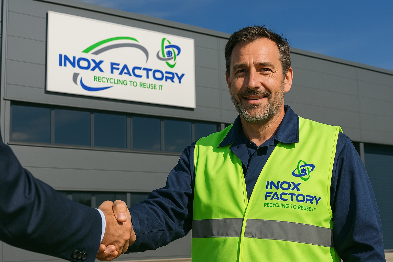 Représentant d’Inox Factory en gilet de sécurité serrant la main d’un partenaire industriel devant le bâtiment