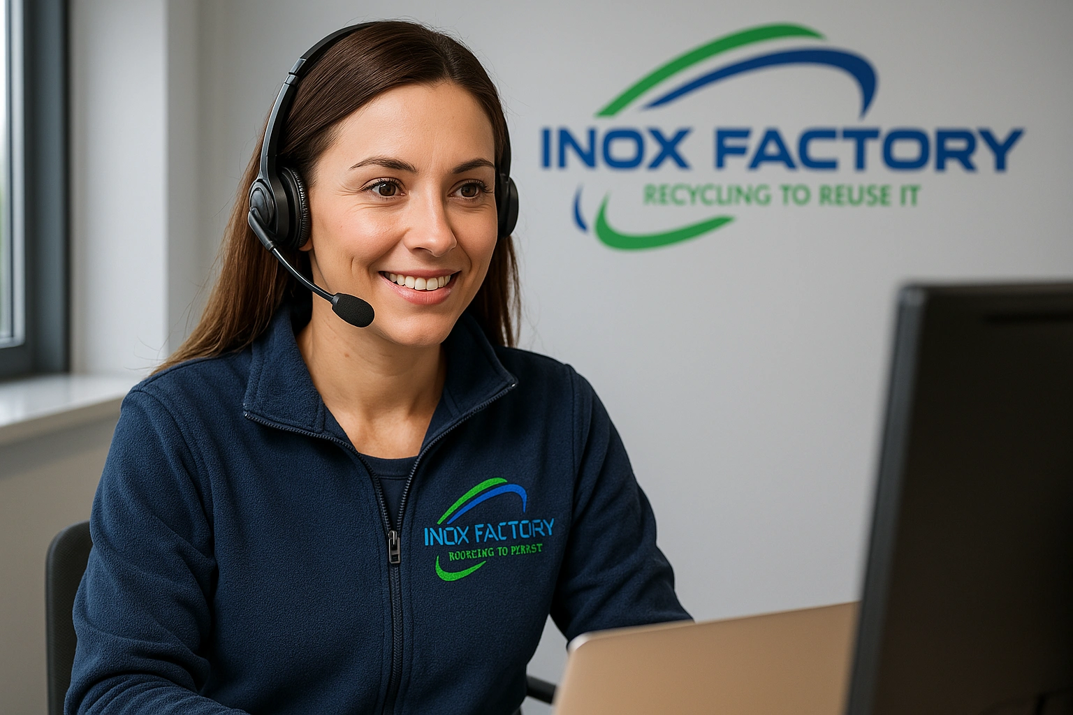 Chargée de service client d’Inox Factory souriante avec un casque micro dans un bureau lumineux