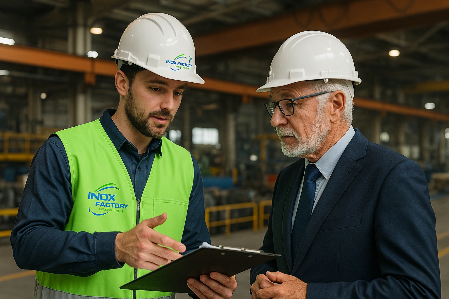 Représentant d’Inox Factory en discussion avec un responsable industriel dans une usine équipée de machines lourdes